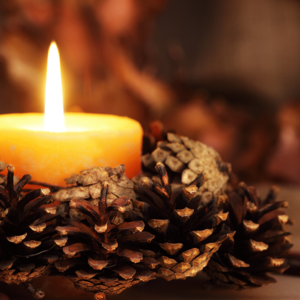 Autumn and Samhain are represented by nature's pine cones and an ambient burning candle.